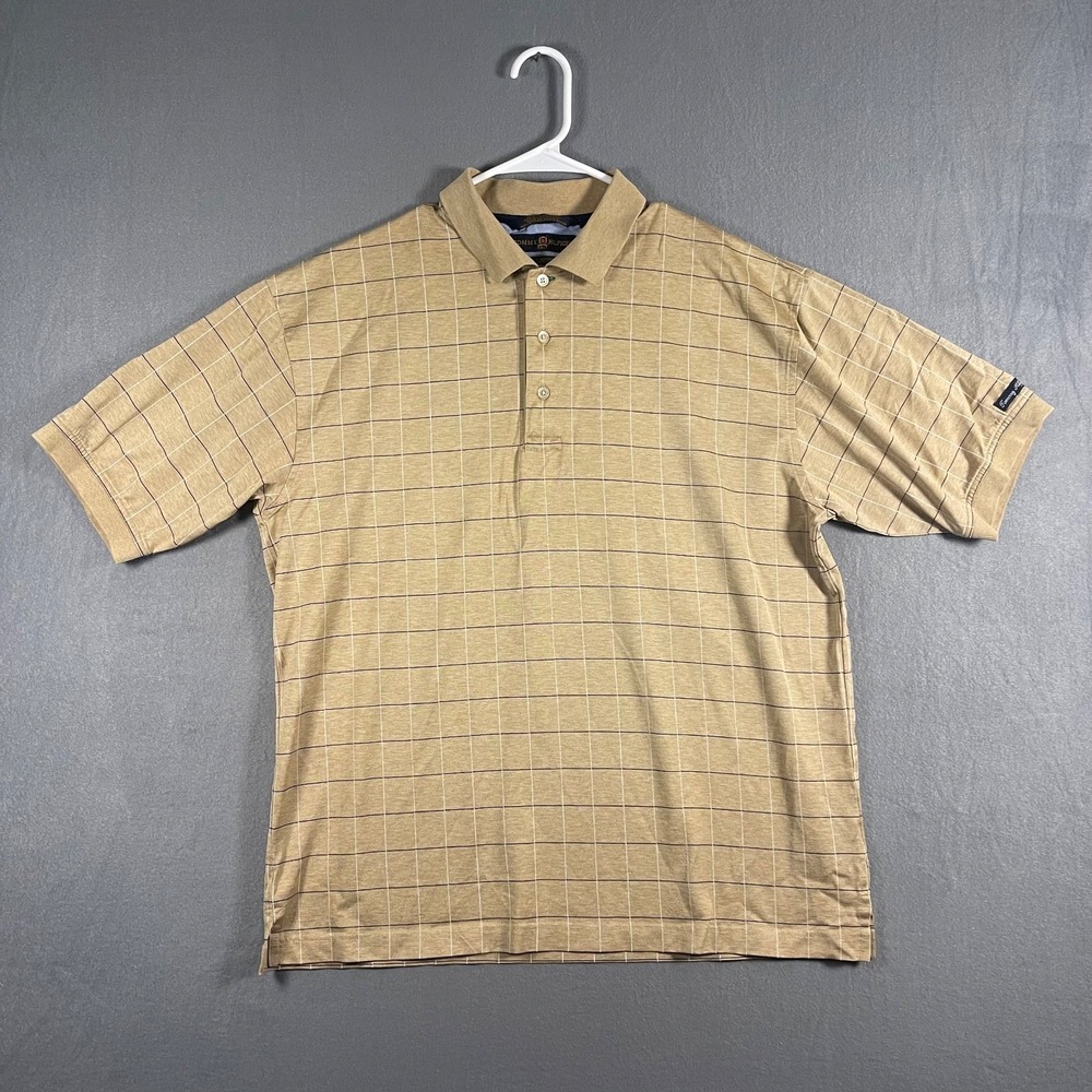 Tommy Hilfiger Golf Polo Shirt Mens L Tan Plaid Check Mercerized Cotton Vintage
